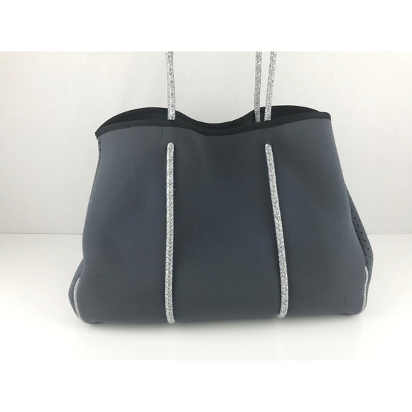 QOGIR Gray Neoprene Tote Bag Red White Stripe‎ Beach Travel Zipper Pouch - Picture 5 of 16